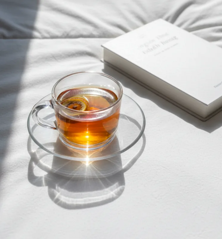 Tea cup on a bed in natural light, rest ritual