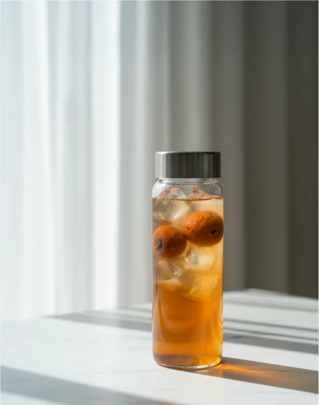 Glass bottle of mandarin-blossom tea with ice by a window
